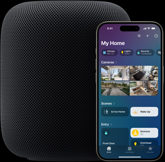 An iPhone — featuring the Home app home screen — is placed slightly infront of a HomePod speaker