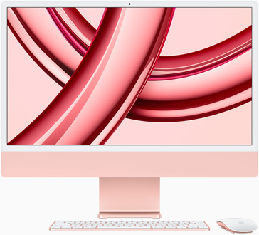 iMac vist med skærmsiden fremad, i lyserød