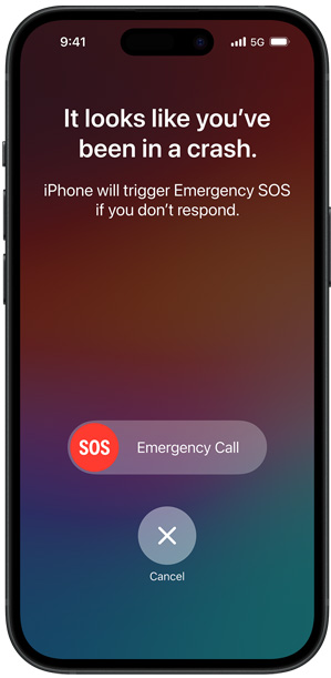 Zaslon Detekcije sudara s porukom: „Čini se da ste pretrpjeli sudar. iPhone će pokrenuti hitan poziv ako ne odgovorite.”